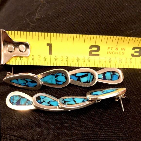 TAXCO Crushed Blue Turquoise Inlay Linear Drop Dangle Sterling Silver Earrings - Picture 2 of 7